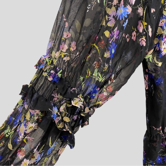 Parker Black + Multicolor Floral Silk Ruffle Trim Tie Neck Dress - Picture 3 of 8